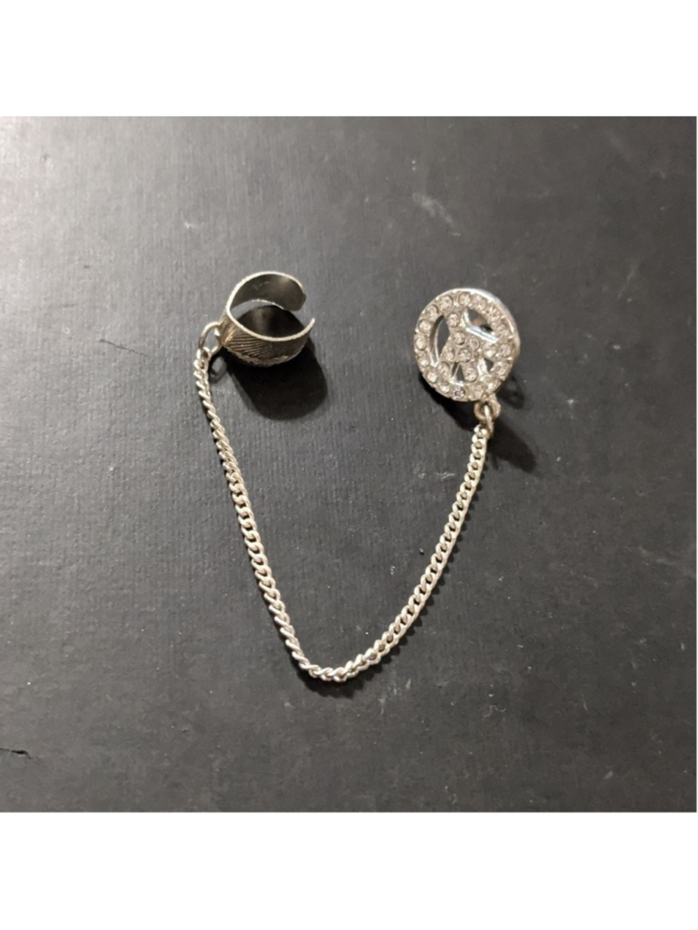 Silver Tone Rhinestone Peace Sign Stud and Ear Cuff Statement Earring